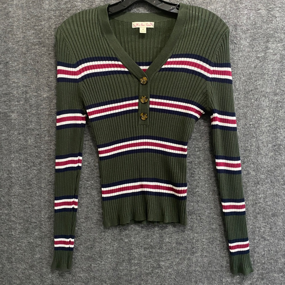 Its Our Time Y2K Henley Sweater Women M Green Academia Indie Bodycon Stretch Top